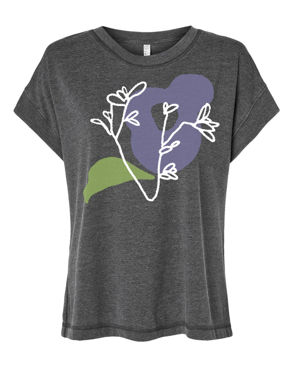 A gray t-shirt with a graphic design featuring a stylized purple flower and green leaves.
