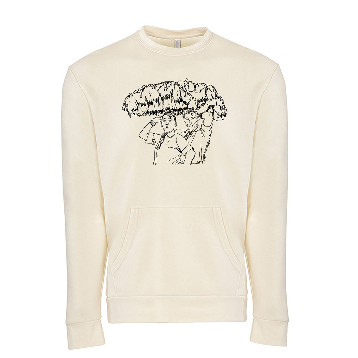 A cream-colored sweater with a black and white graphic design depicting two people standing under a cloud-like shape.