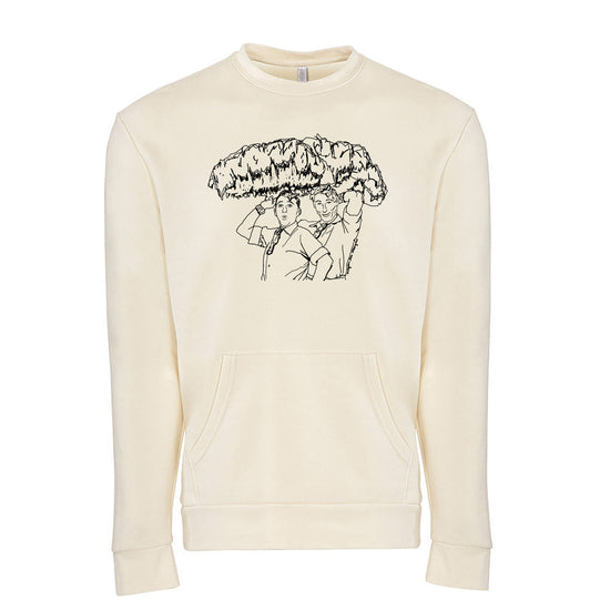 A cream-colored sweater with a black and white graphic design depicting two people standing under a cloud-like shape.