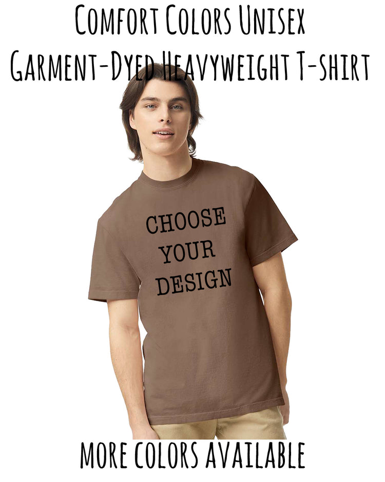 a young man wearing a brown t-shirt with the text "Choose Your Design" printed on it.