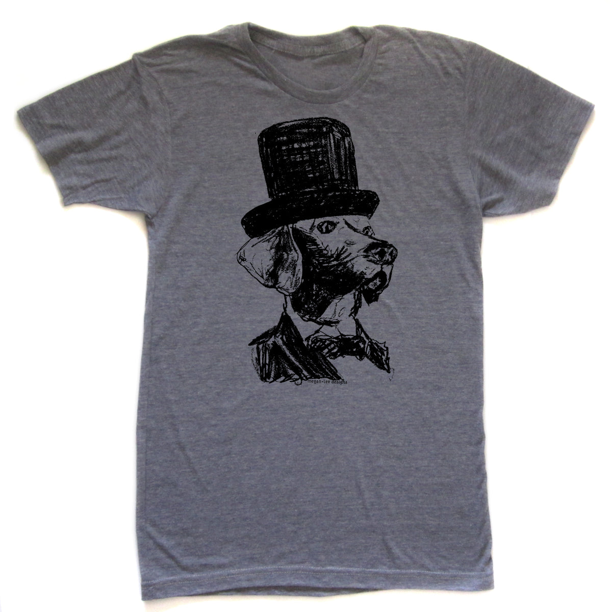 A gray t-shirt with a black and white illustration of a dog wearing a top hat.