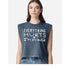 A woman wearing a sleeveless blue t-shirt with the text "EVERYTHING HURTS & I'M DYING" printed on it.