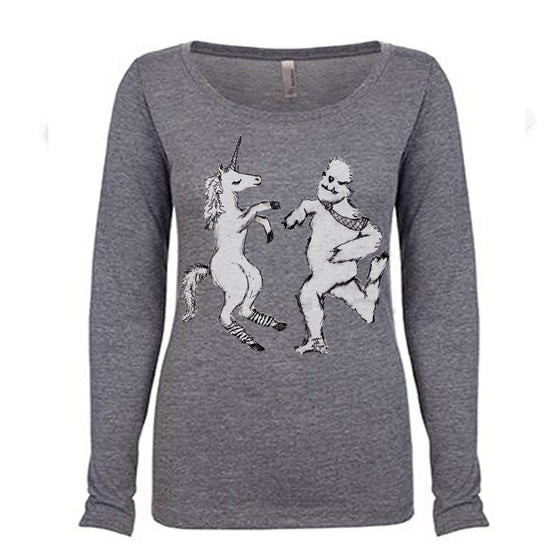 A gray long-sleeved t-shirt with a graphic design depicting a unicorn and a creature resembling a bear or similar animal.