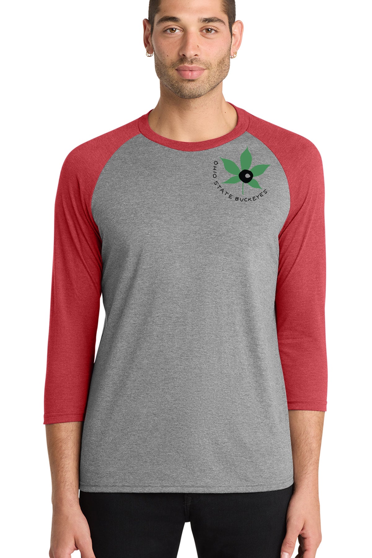 A man wearing a gray and red baseball tee shirt with a graphic of a leaf and the text "Ohio State Buckeye" on the front.