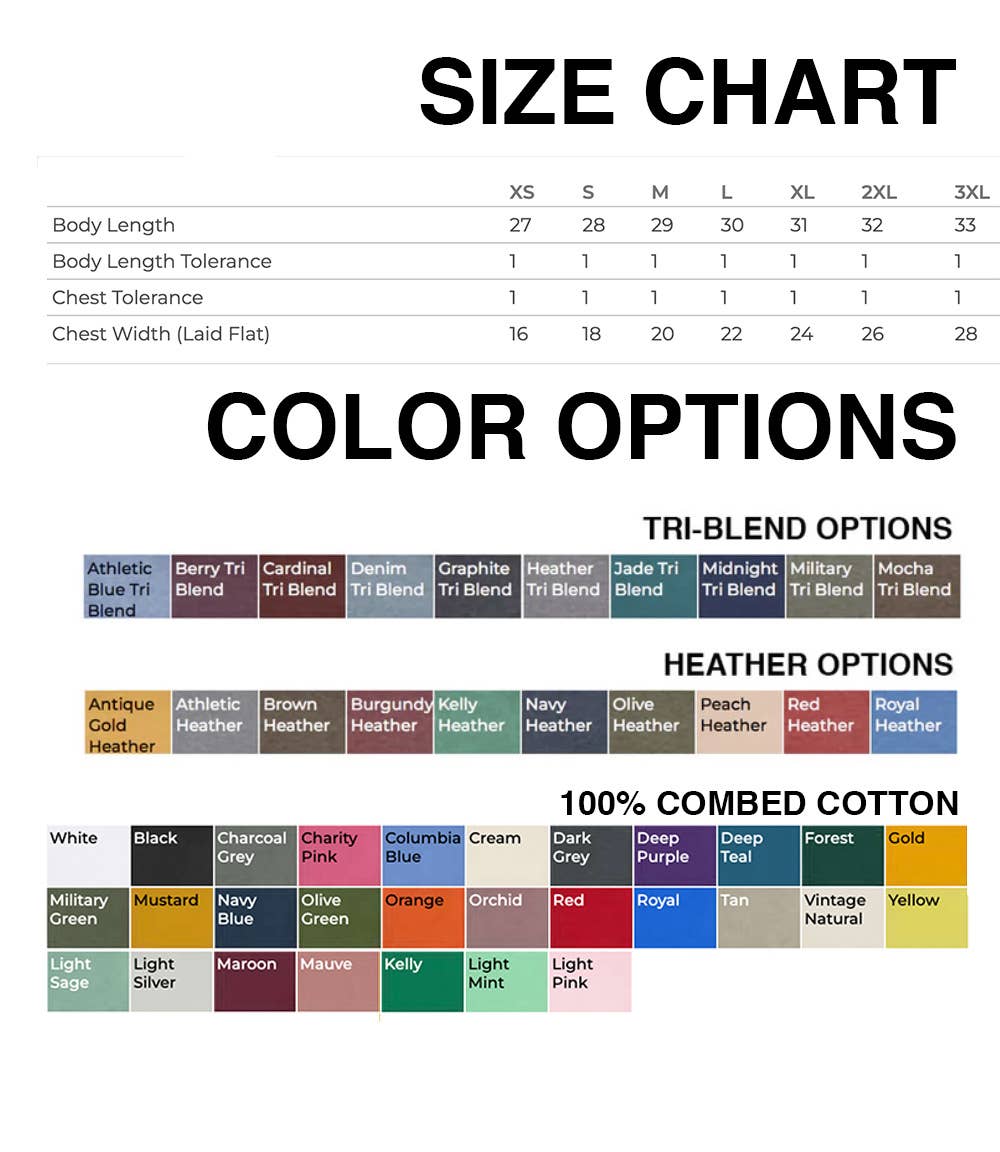 The image is a size chart and color options guide for a variety of clothing items, including athletic wear, military wear, and casual wear.