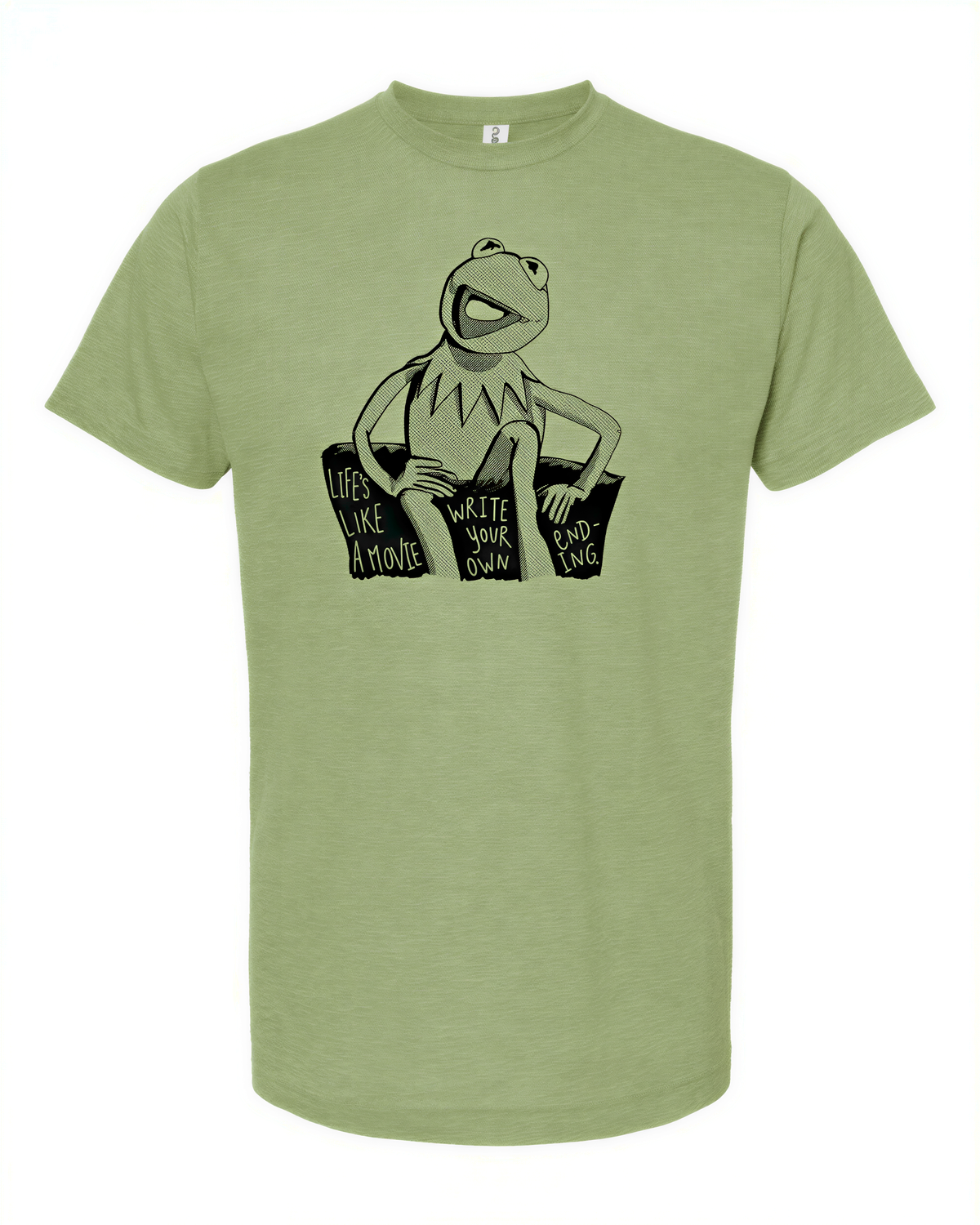 A green t-shirt with a black and white graphic of Kermit the Frog sitting on a couch and the text "Life like a movie" printed on it.