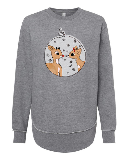 A gray sweatshirt with a graphic design featuring two cartoon reindeer inside a snow globe.