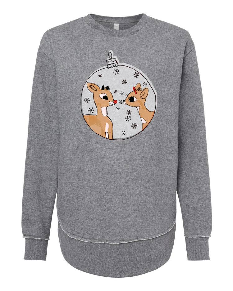 A gray sweatshirt with a graphic design featuring two cartoon reindeer inside a snow globe.
