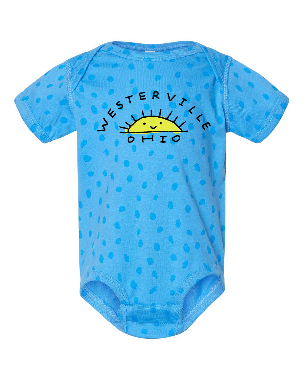 A blue baby onesie with a sun design and the text "WESTERVILLE OHIO" printed on it.