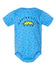 A blue baby onesie with a sun design and the text "WESTERVILLE OHIO" printed on it.