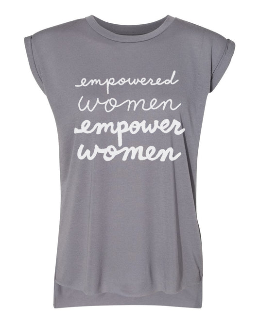 a gray t-shirt with the text "empowered women empower women" printed on it in white lettering.