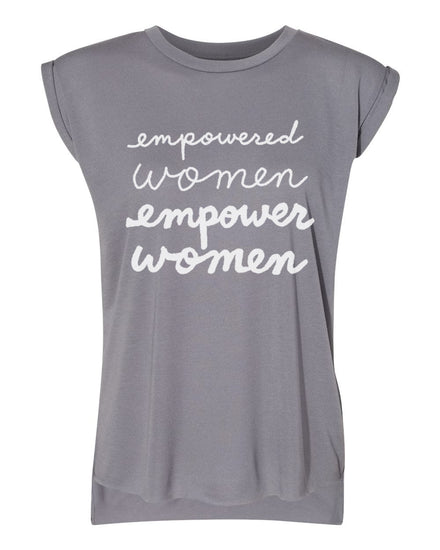 a gray t-shirt with the text "empowered women empower women" printed on it in white lettering.