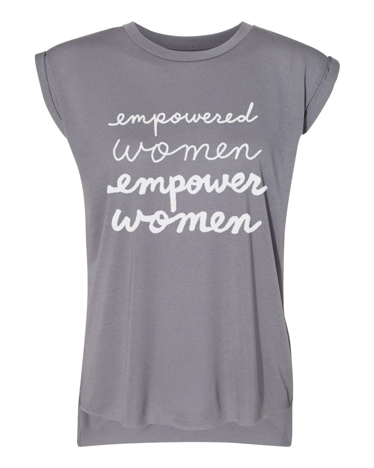 a gray t-shirt with the text "empowered women empower women" printed on it in white lettering.