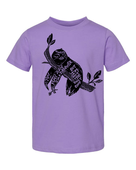 A purple t-shirt with a black graphic design depicting a sloth hanging from a branch.