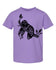A purple t-shirt with a black graphic design depicting a sloth hanging from a branch.