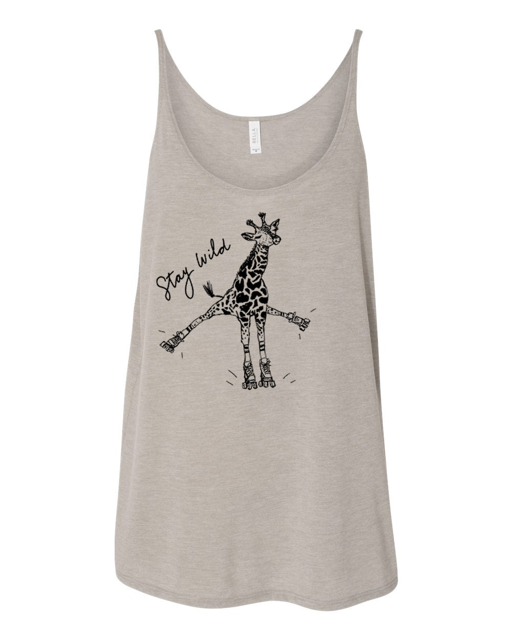 A gray tank top with a graphic of a giraffe and the text "Stay wild" printed on it.