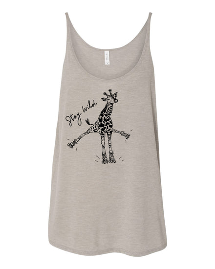 A gray tank top with a graphic of a giraffe and the text "Stay wild" printed on it.
