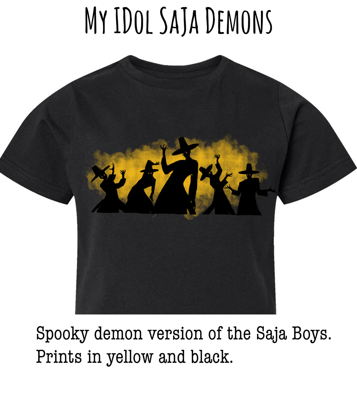 A black t-shirt with a graphic design featuring silhouettes of people in spooky costumes against a yellow and black background.
