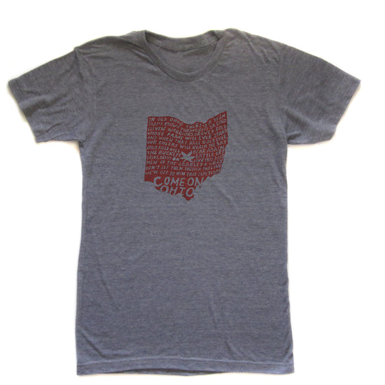 A gray t-shirt with a red graphic design on it. The design features the text "COME ON OTHO" in a stylized font, which appears to be a reference to the state of Ohio.