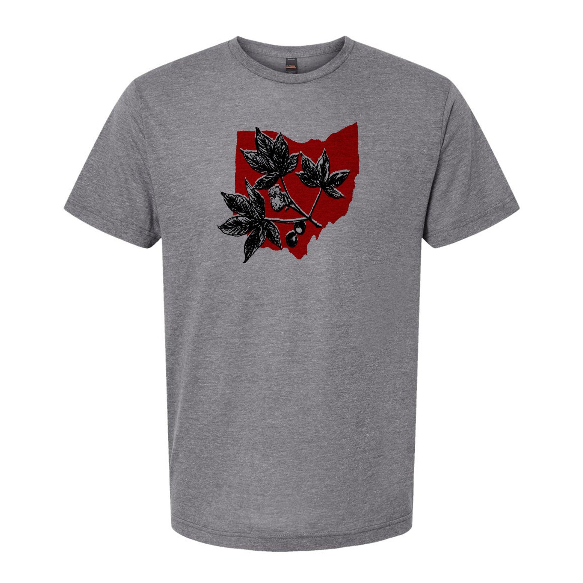 A gray t-shirt with a graphic design featuring a red outline of the Ohio state shape and black leaves.