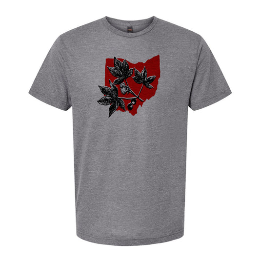 A gray t-shirt with a graphic design featuring a red outline of the Ohio state shape and black leaves.