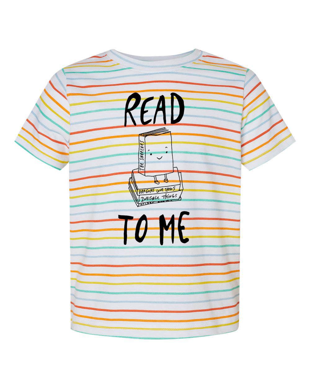 A striped t-shirt with a graphic design featuring a smiling book character and the text "READ TO ME" printed on it.