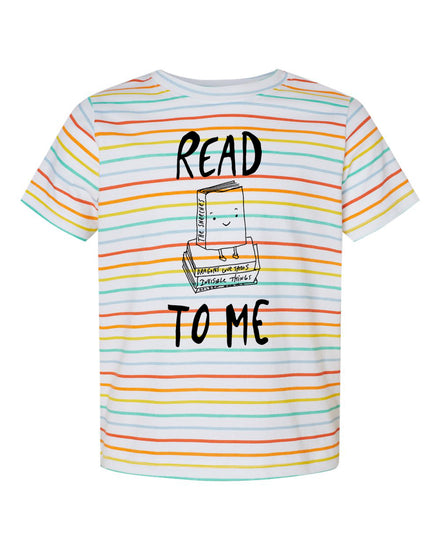 A striped t-shirt with a graphic design featuring a smiling book character and the text "READ TO ME" printed on it.