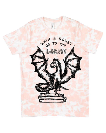 A tie-dye t-shirt with a graphic design depicting a dragon and the text "WHEN IN DOUBT GO TO THE LIBRARY".