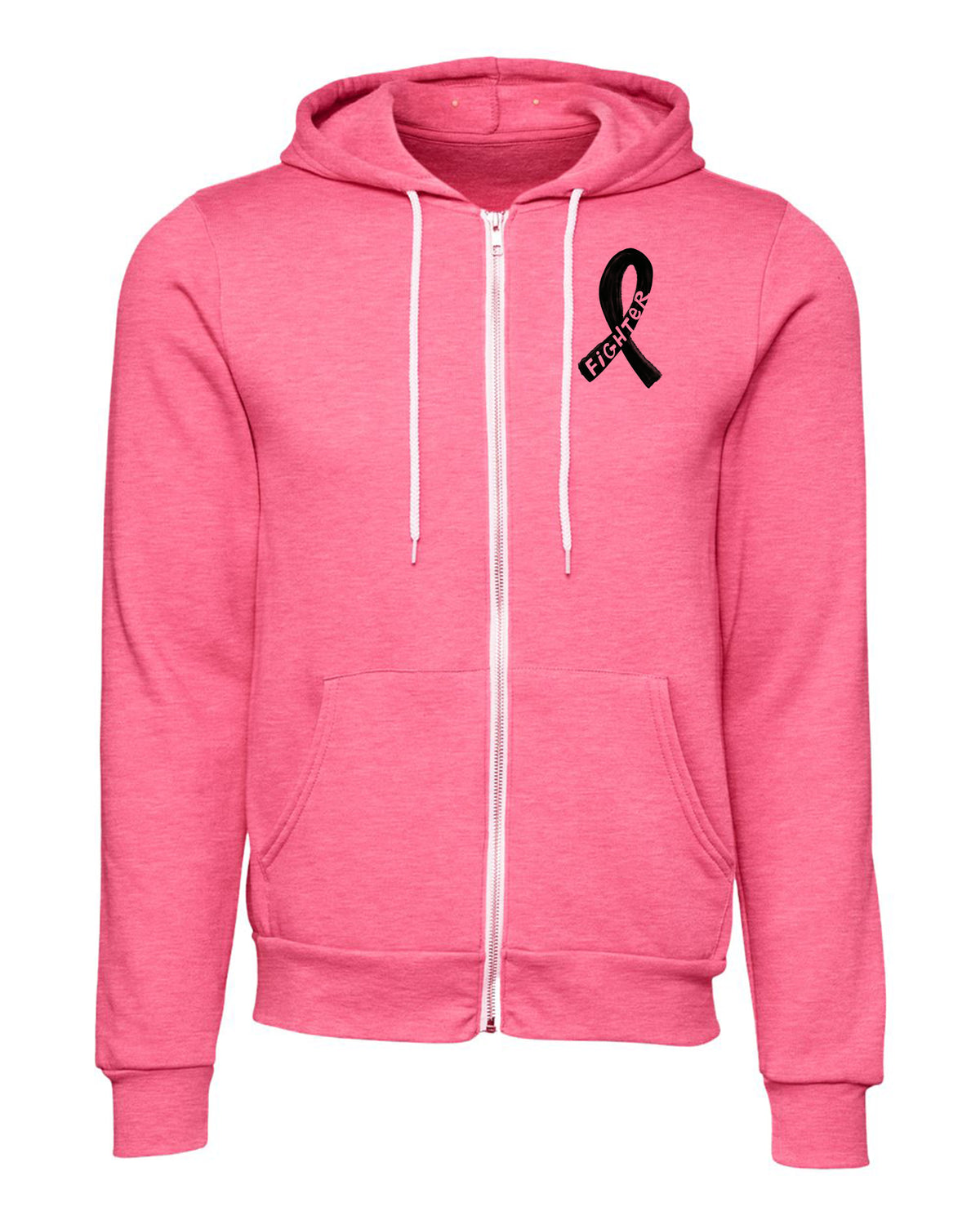 A pink zip-up hoodie with a black ribbon symbol on the front.