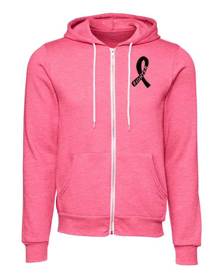 A pink zip-up hoodie with a black ribbon symbol on the front.