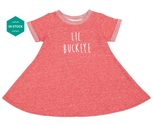 a red dress with the words lil buckeye on it
