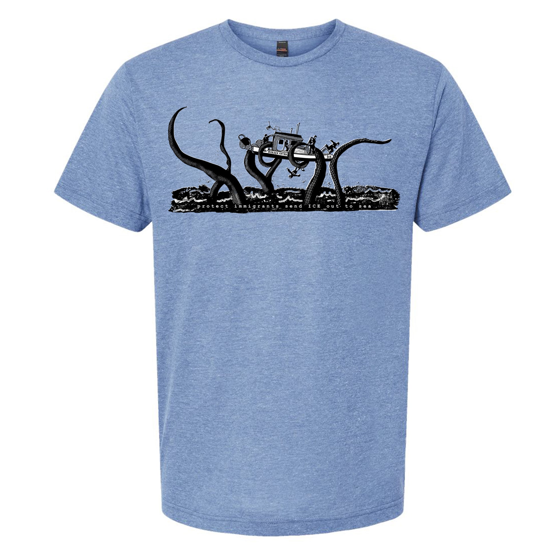 A blue t-shirt with a graphic design depicting a large octopus or squid-like creature with a boat or ship on top of it, surrounded by waves.