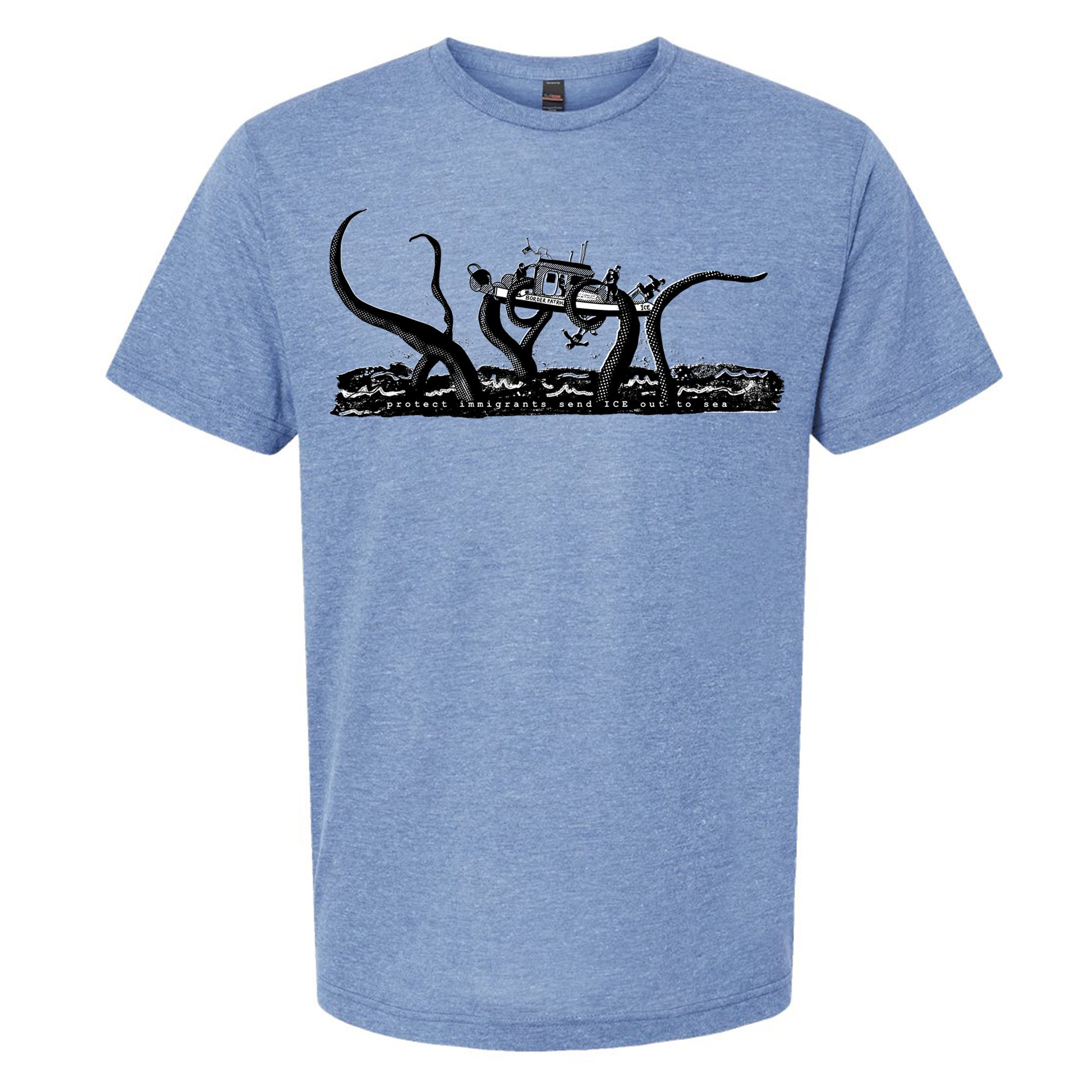 A blue t-shirt with a graphic design depicting a large octopus or squid-like creature with a boat or ship on top of it, surrounded by waves.