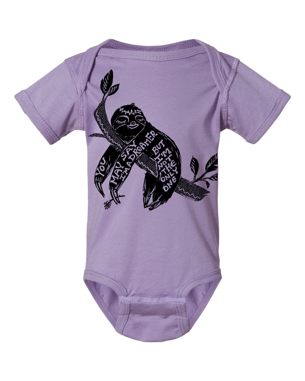 A purple baby onesie with a black graphic design depicting an owl and the text "You may dream, but I am only one" printed on it.