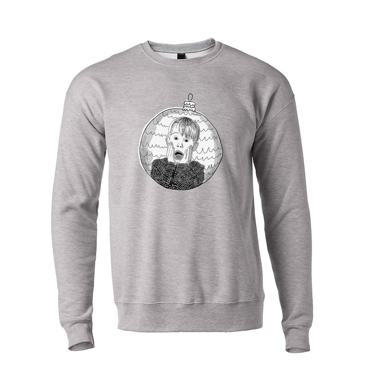 A gray sweatshirt with a graphic design depicting a person's face with a distressed expression, surrounded by a wavy pattern.
