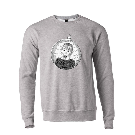 A gray sweatshirt with a graphic design depicting a person's face with a distressed expression, surrounded by a wavy pattern.