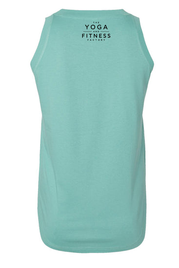 A turquoise tank top with the text "YOGA AND FITNESS FACTORY" printed on the back.