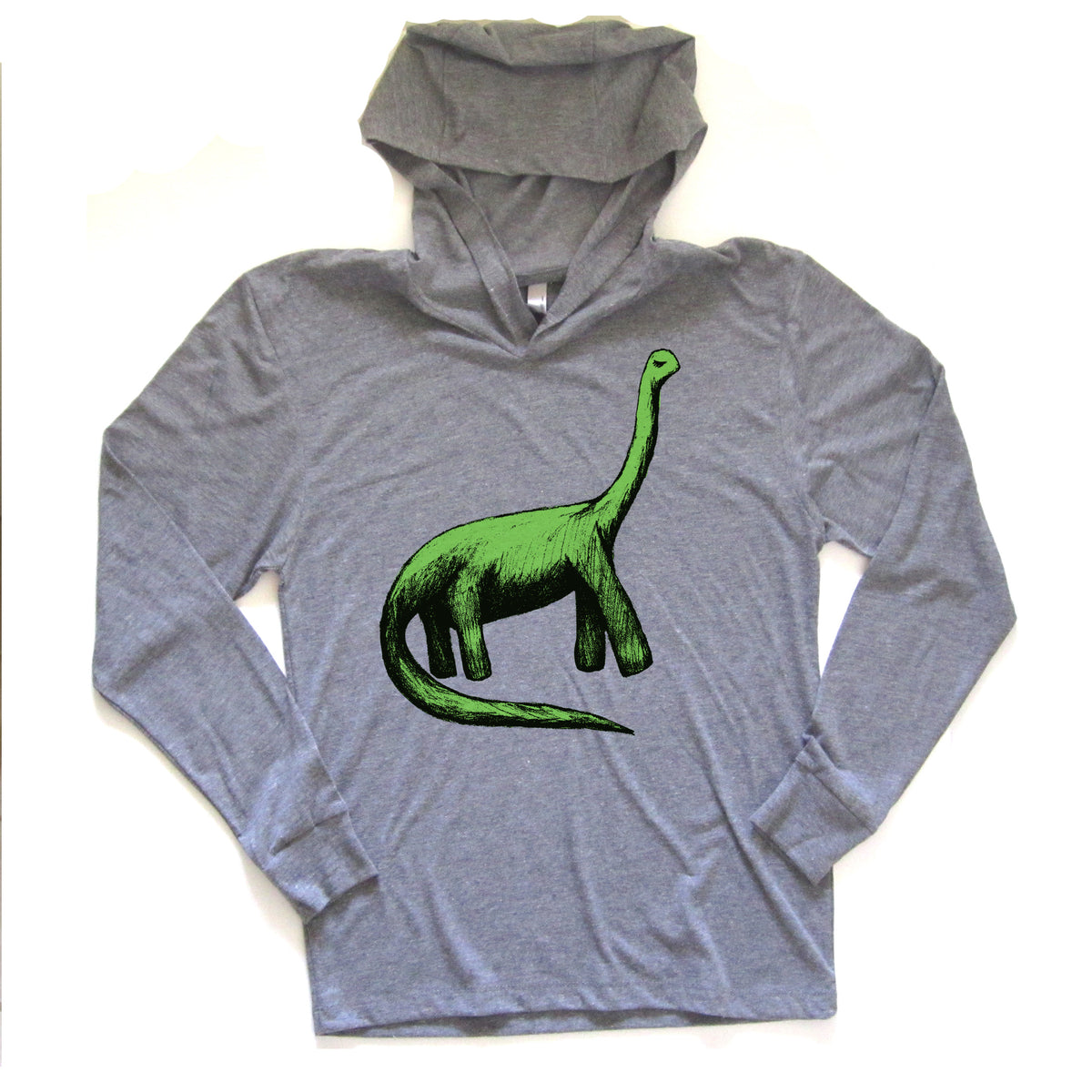 A gray hoodie with a green dinosaur graphic printed on it.