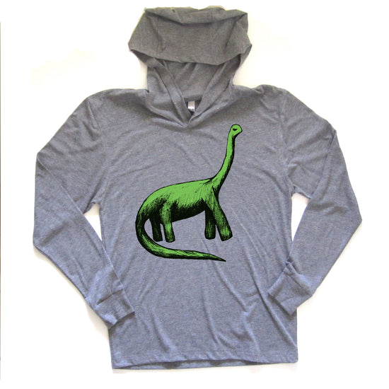 A gray hoodie with a green dinosaur graphic printed on it.