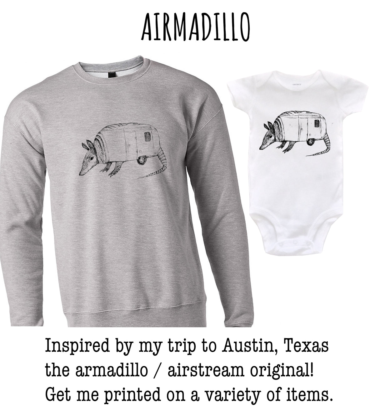 A gray sweatshirt with a black and white illustration of an armadillo and a white baby onesie with the same armadillo illustration.