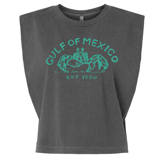 A gray t-shirt with a graphic design featuring a green crab and the text "Gulf of Mexico" and "Est. 1550".