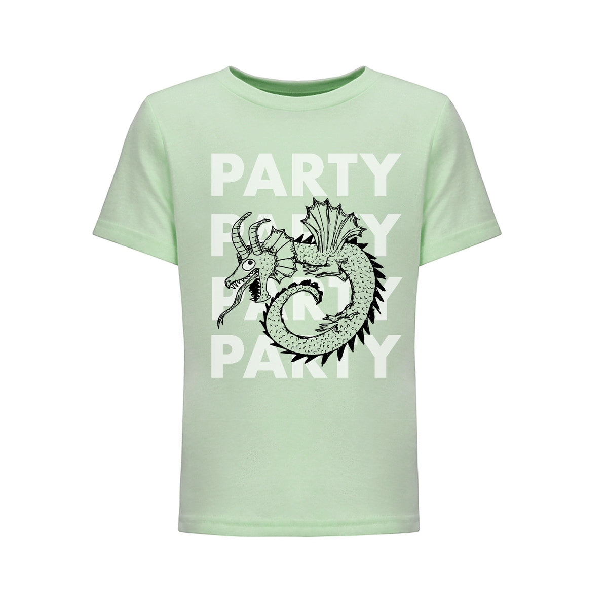 A light green t-shirt with a graphic design of a stylized dragon or serpent.