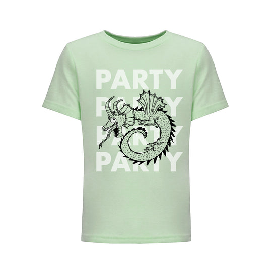 A light green t-shirt with a graphic design of a stylized dragon or serpent.