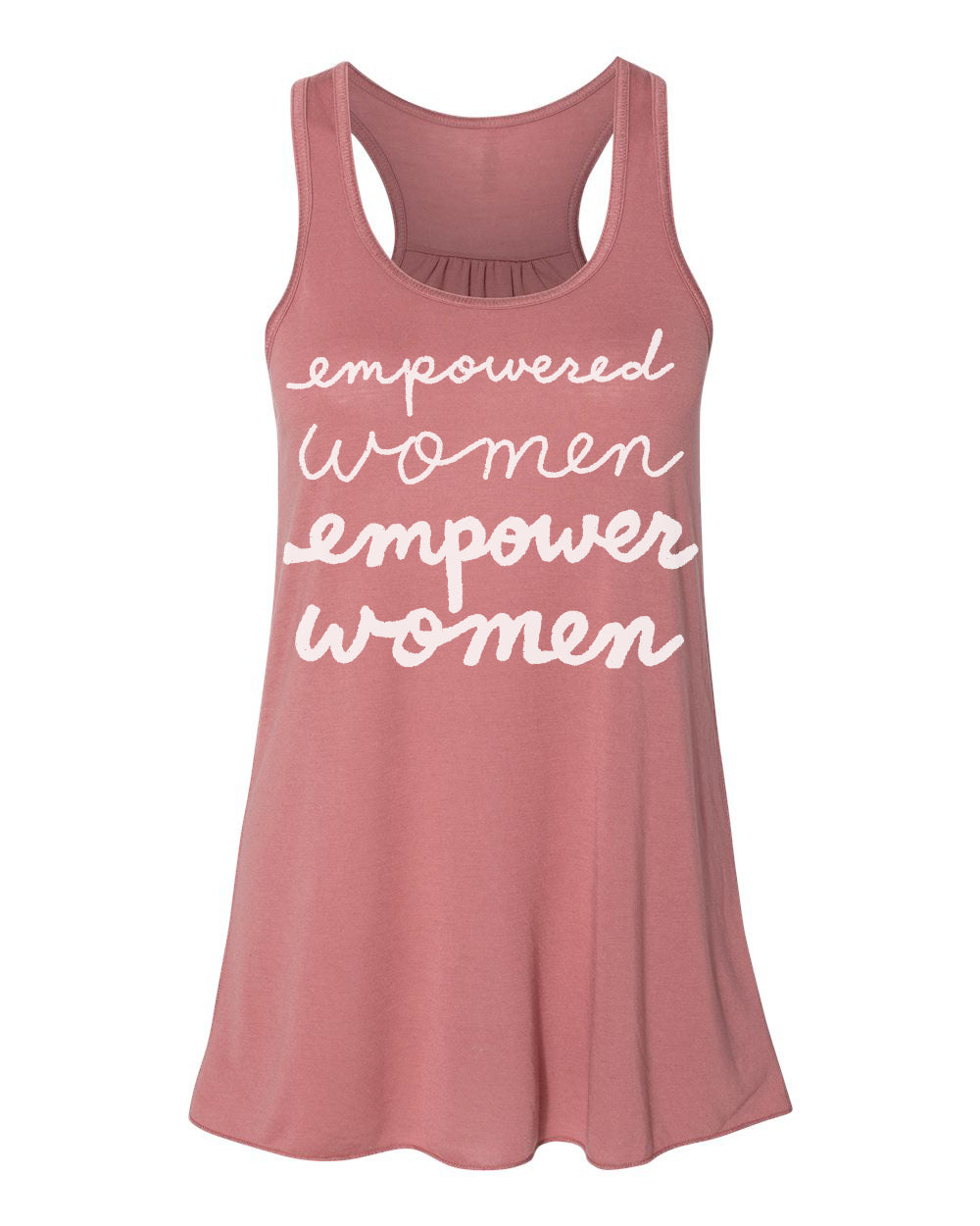 A pink tank top with the text "empowered women empower women" printed on it in white cursive font.