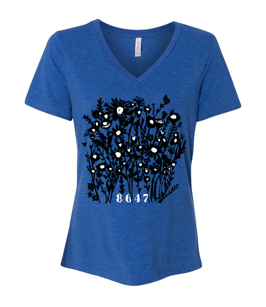 Women V-Neck Tee – Floral Print Shirt With Soft Cotton | 8647 Hand Drawn Design