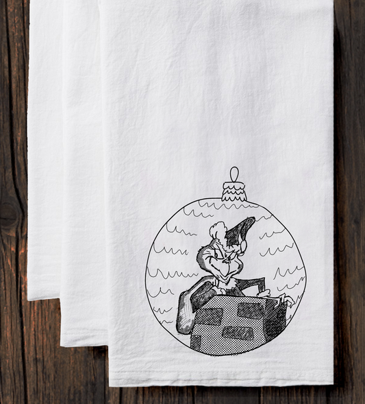 Grinch Tea Towel – Cotton Kitchen Linen | Hand Printed, Machine Washable Towel
