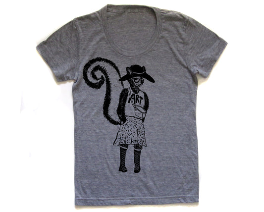 Women's Art Tee - Soft Tri-Blend Graphic Skunk Shirt | Hand Printed by Megan Lee Designs