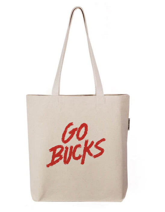 a tote bag with the words go bucks printed on it
