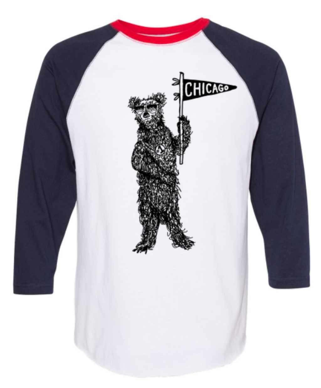 a black and white baseball shirt with a bear holding a sign