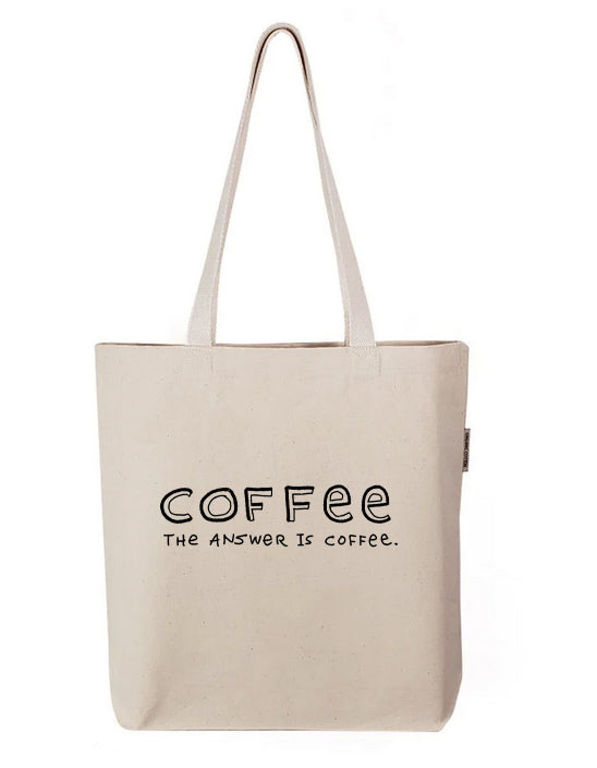 a white tote bag with coffee on it
